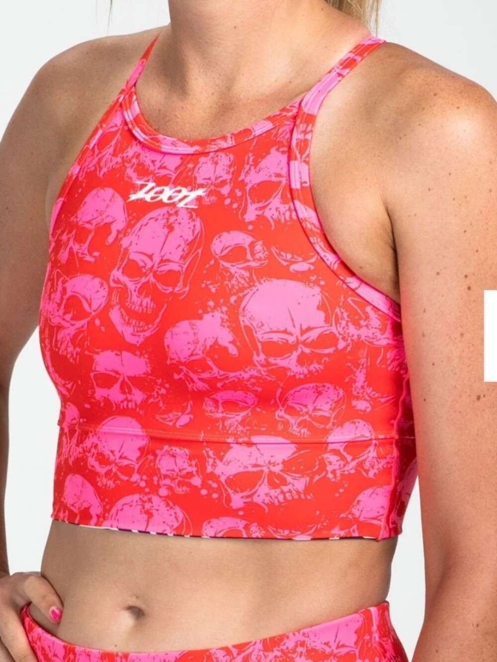 Zoot Hot Pink & Red Skull Run Crop Halter Sports Bra Size Medium Running Yoga